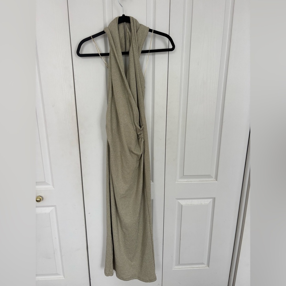 Zara Beige and Gold Halter Textured Dress